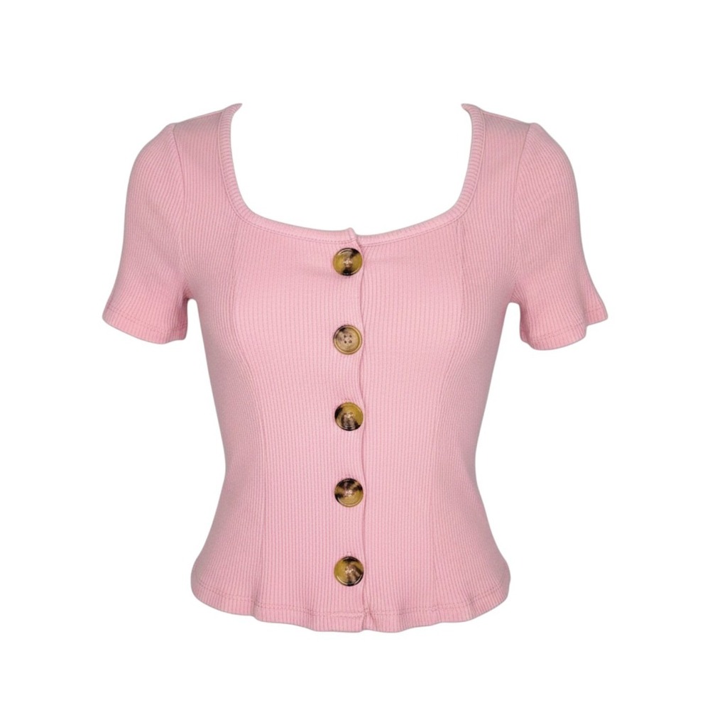 Arizona Jean Co Faux Cardigan Top Womens Medium Pink Ribbed Short Sleeve